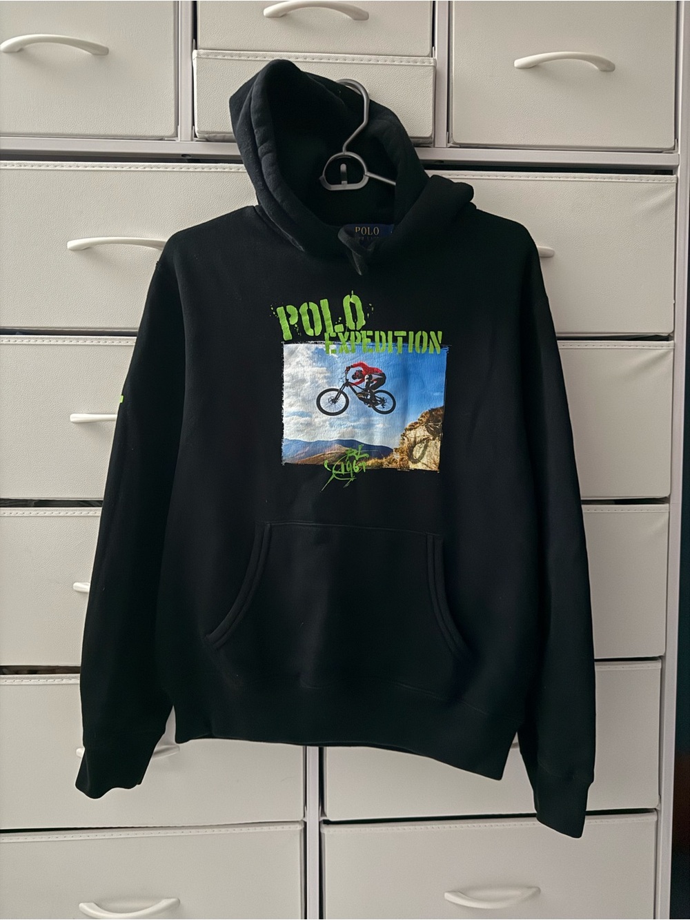 Polo Ralph Lauren Hoodie Medium Men Voyage Black Graphic BMX Expedition Pullover